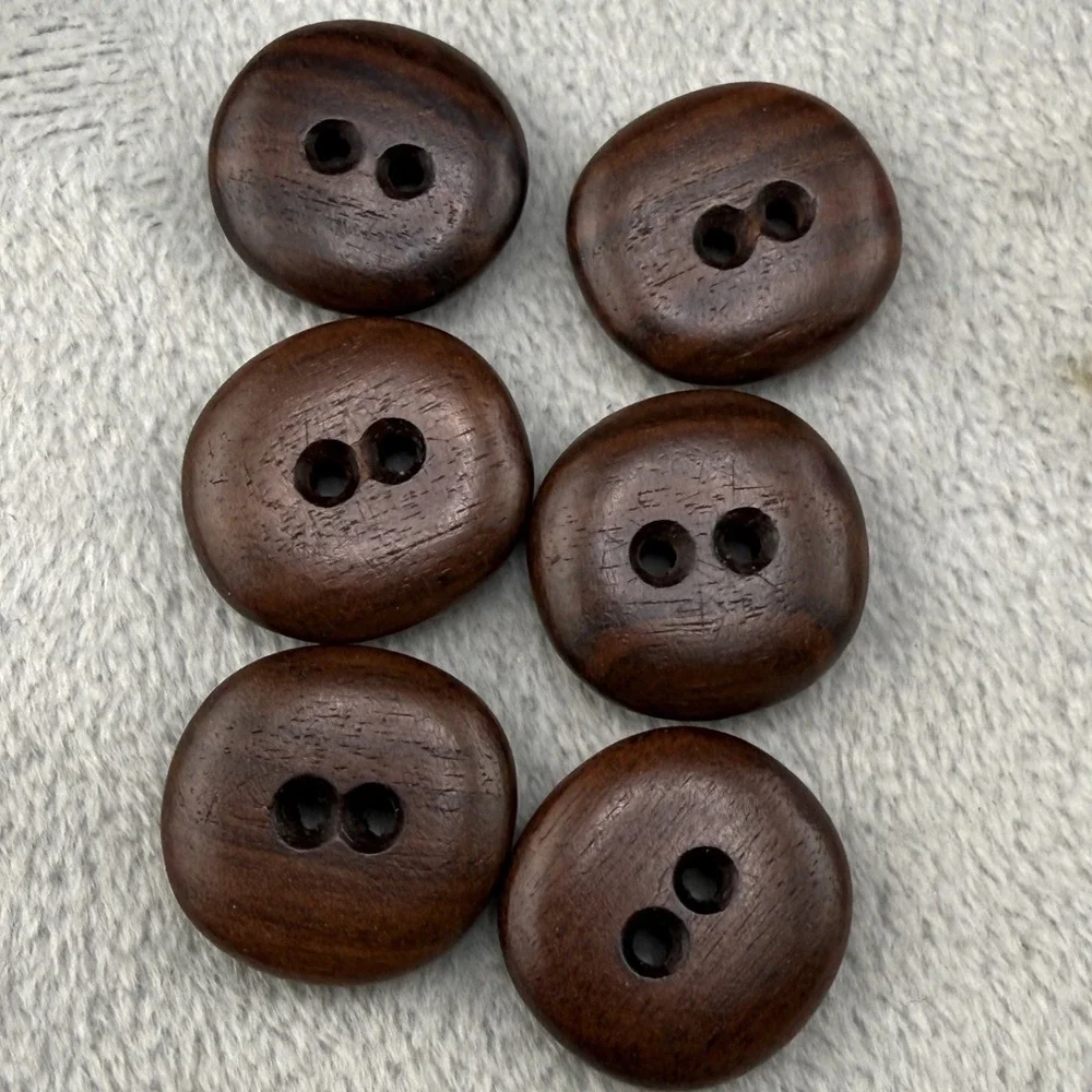 Vintage Wood Buttons Round Brown 2-Hole Flat 12pc Set